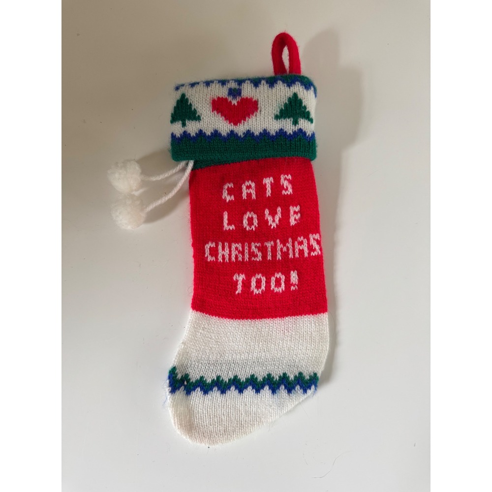 Vintage 1985 Kurt S Adler Cats Love Christmas Too Knit Stocking Red White Green